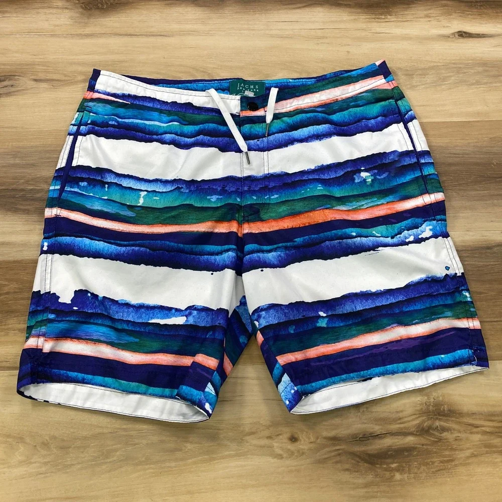 Jachs NY Swim Trunks Mens L Watercolor Stripe Board Shorts Mesh Lined Blue Multi